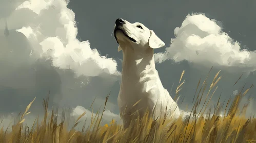Dog in a Field with Clouds