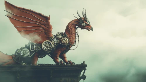 Mechanical Dragon Perched on Building