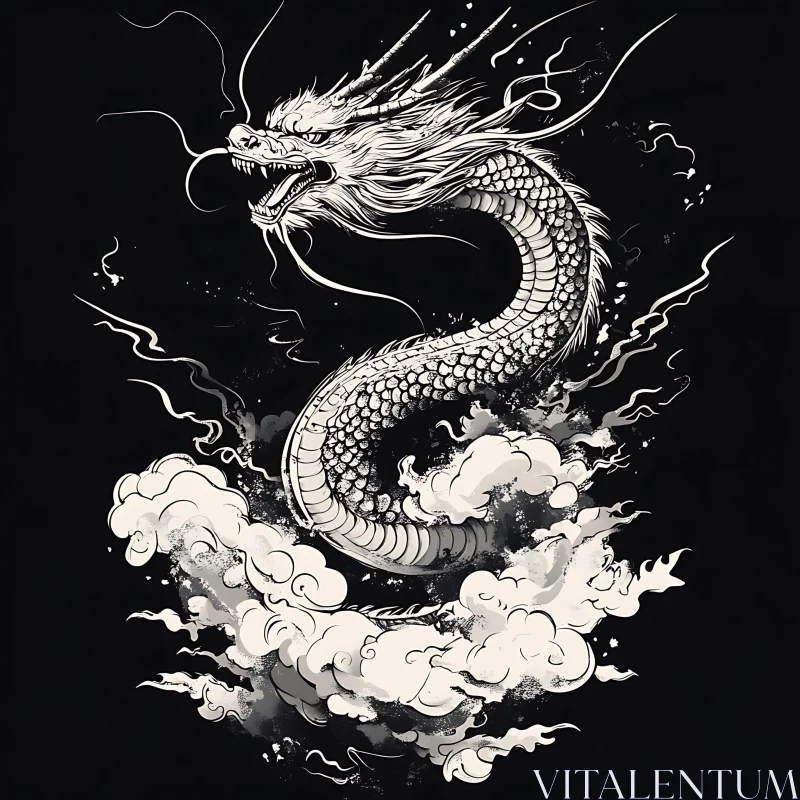 AI ART Monochrome Dragon Artwork on Black Canvas