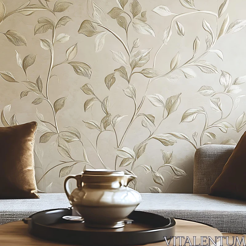 Cozy Living Room with Leaf Motif Wallpaper and Stylish Teapot AI Image