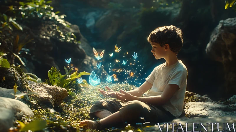 Magical Glade with Boy and Butterflies AI Image