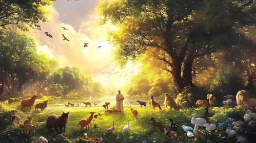 Peaceful Animals in Sunlit Forest Glade