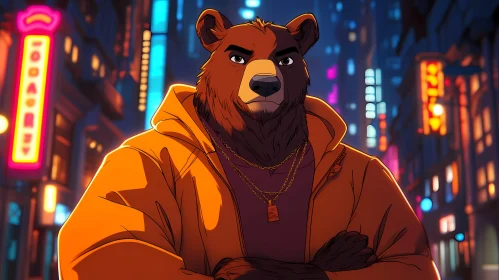 Urban Bear in Vibrant Night Scene