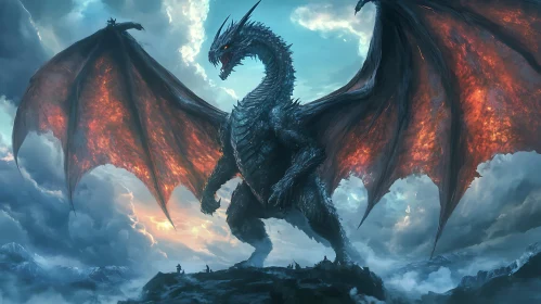Dragon's fiery wings against cloudy sky