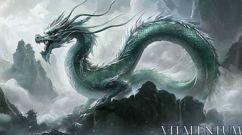 AI ART Serpentine Dragon Amidst Mountain Mists