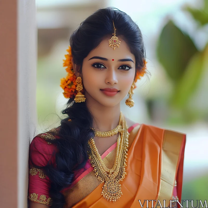 Portrait of a Woman with Golden Jewelry AI Image