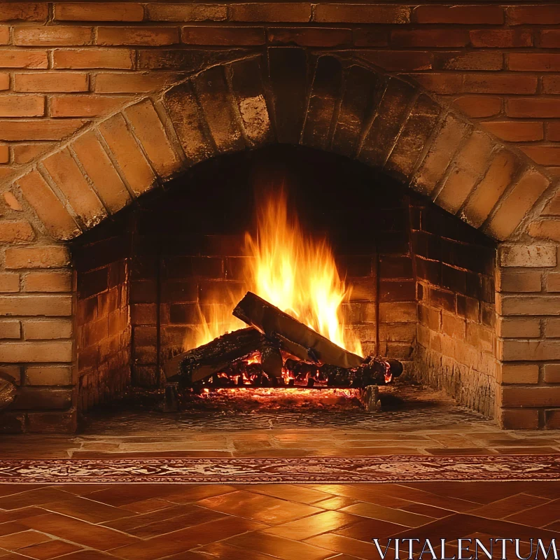 Comforting Flames in a Brick Fireplace AI Image