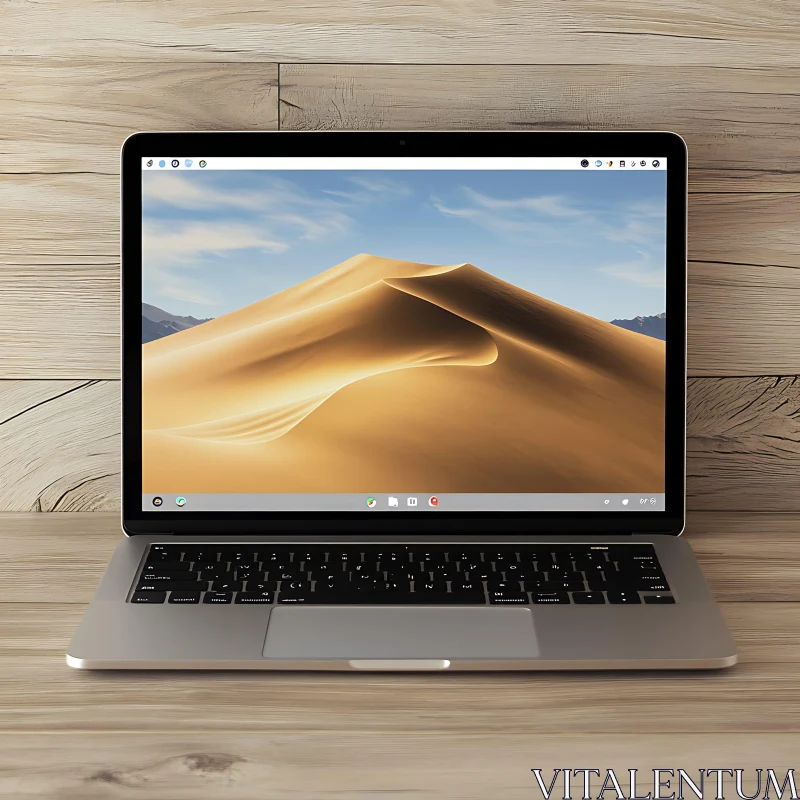 Laptop with Desert Wallpaper on Wooden Desk AI Image