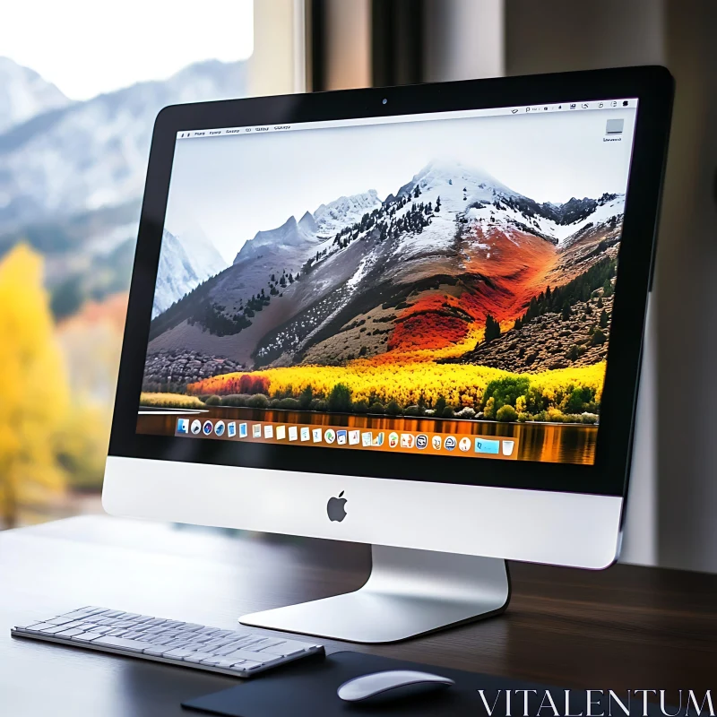 iMac Desktop Setup with Autumn Landscape AI Image