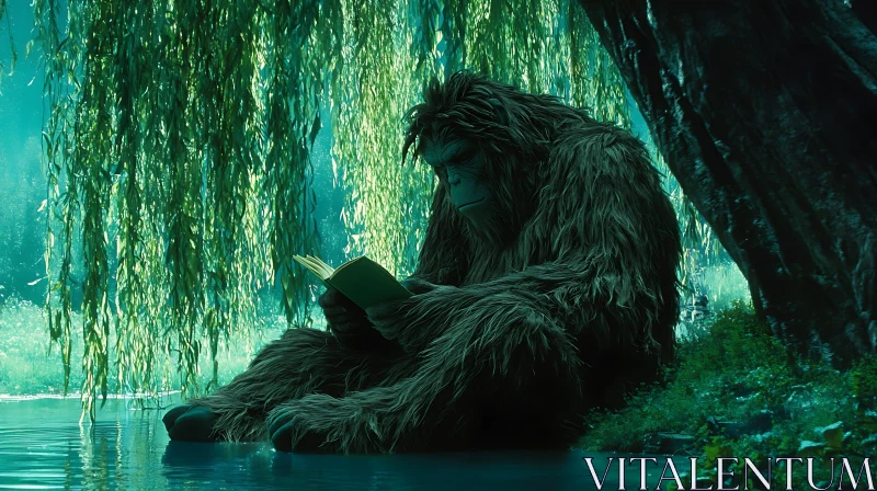 AI ART Sasquatch Enjoying Literature by the Water