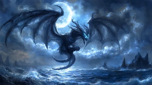 Moonlit Dragon Over Ocean