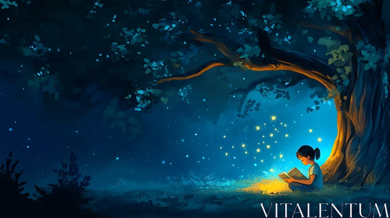 AI ART Child Reading Under Starry Tree