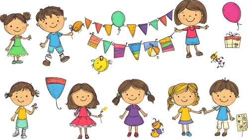 Cartoon Children Celebrating with Balloons