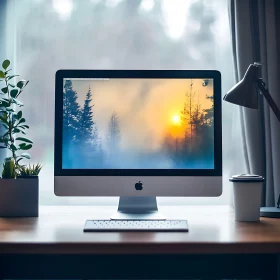 Stylish Workstation Featuring Forest Sunrise on Computer Screen