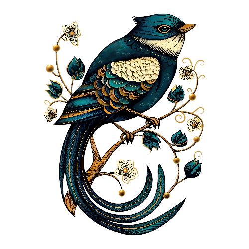 POD Design Blue and Gold Bird on a Branch - Vector Illustration