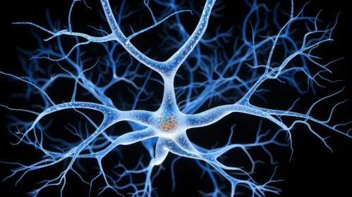 Blue Nerve Cell in the Brain: Photorealistic Detail and Intriguing Contrasts