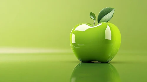 Glossy Green Apple with Leaf