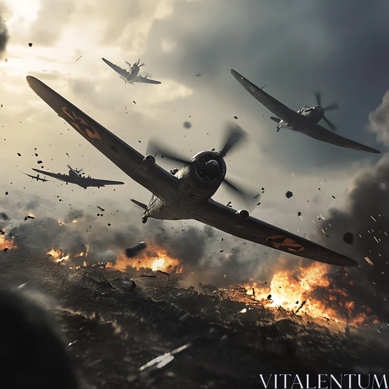 Vintage Warplanes Flying Over Destruction AI Image