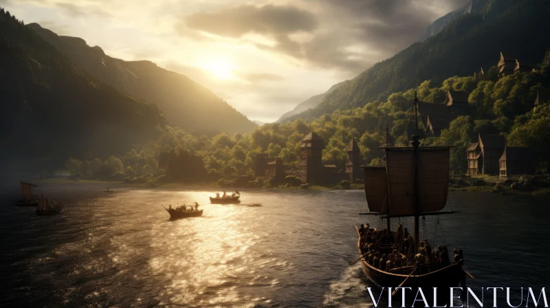 Captivating Mountain Range and Boats: Romantic Unreal Engine Art AI Image