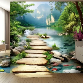 Tranquil Stepping Stone Path in a Lush Green Landscape