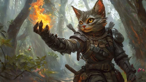 Armored Cat Mage Casting Fire Spell