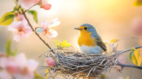 Robin in Nest Surrounded by Flowers