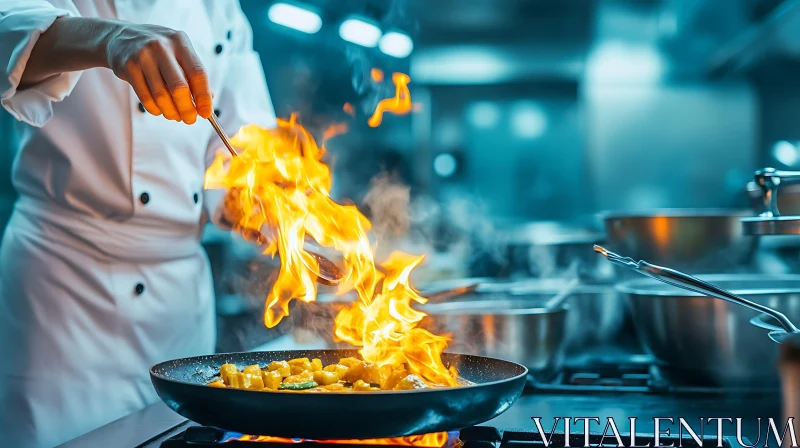 Flaming Pan Cooking by Chef in Professional Kitchen AI Image