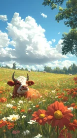 Serene Cow Resting in a Colorful Field
