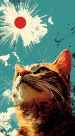 Cat Portrait with Red Sun
