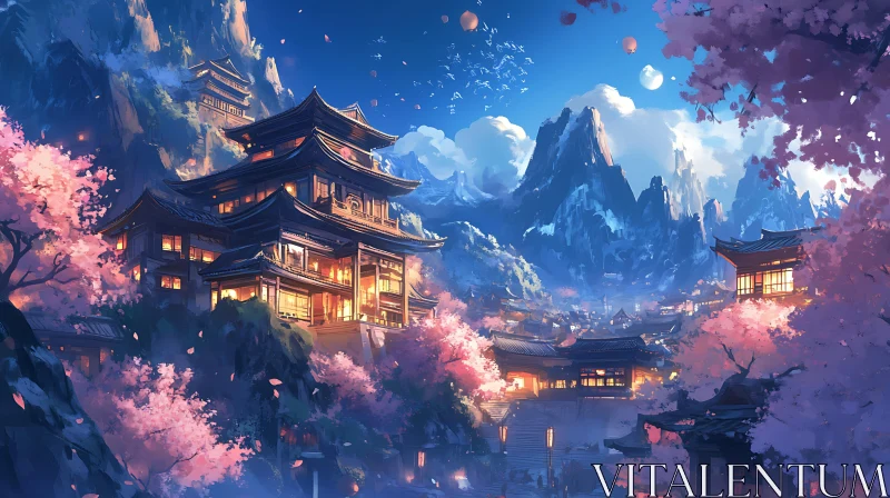 AI ART Mountain Village with Traditional Buildings