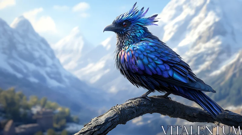 Blue Bird Perched on Branch AI Image