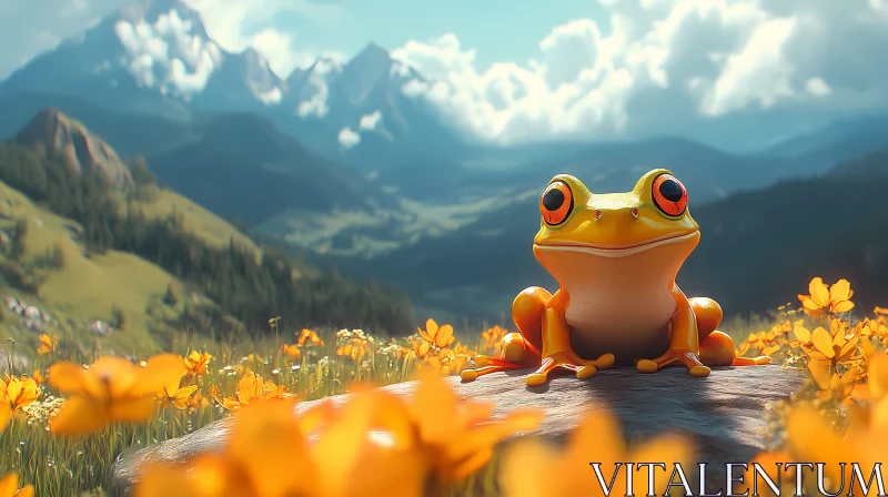 AI ART Frog and Blossoms in Mountain Setting