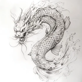 Monochrome Dragon Illustration with Fish Scales