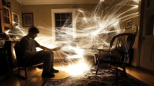 Man Creating Light Art in Room