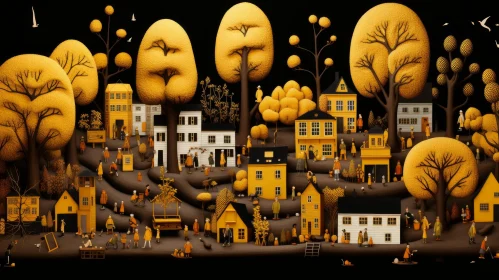 Illustrative Folk Art: Black and Yellow Panoramic Village