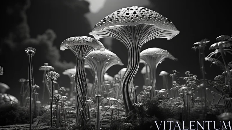 Monochromatic Fantasy: Mushrooms and Foliage in Matte Finish AI Image
