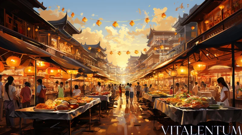 Traditional Chinese Market in Golden Light - Festive Atmosphere Artwork AI Image