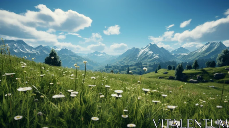 Ultra-Realistic Mountain and Daisy Landscape AI Image