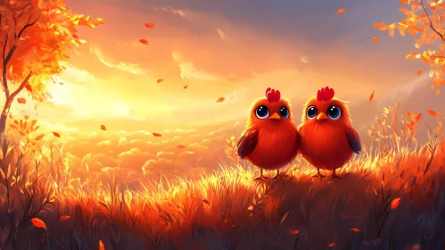 Adorable Birds in a Sunset Meadow