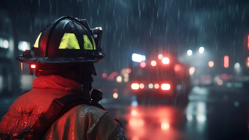 Night Scene of Firefighter in Rain