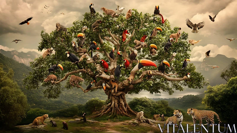 Diverse Wildlife Gathered on a Grand Tree in the Jungle AI Image