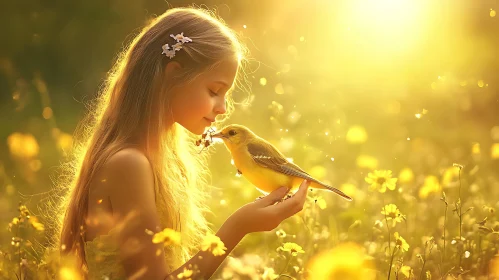 Serene Girl and Bird in Field