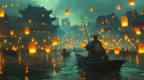 Asian Lanterns Floating on Water