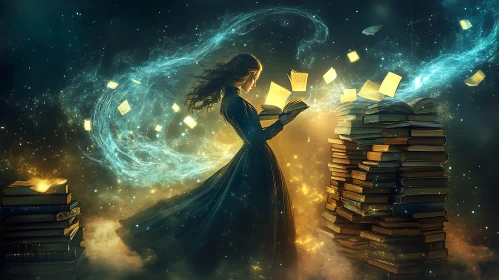 Mystical Reader with Floating Books