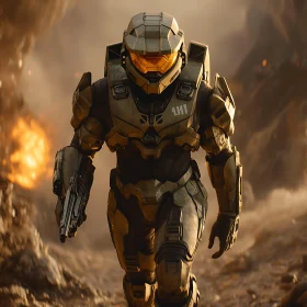 Armored Soldier Walking Through Fire