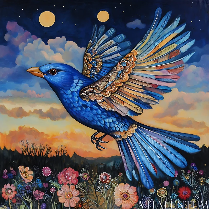 AI ART Soaring Bluebird Among Flowers at Night