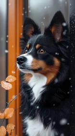 Fluffy Dog at the Window in Snow