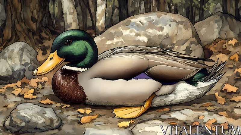 Serene Mallard Amidst Autumn Leaves AI Image