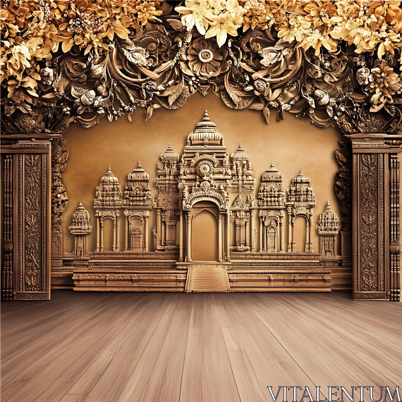 Sepia Temple Facade with Wooden Floor AI Image