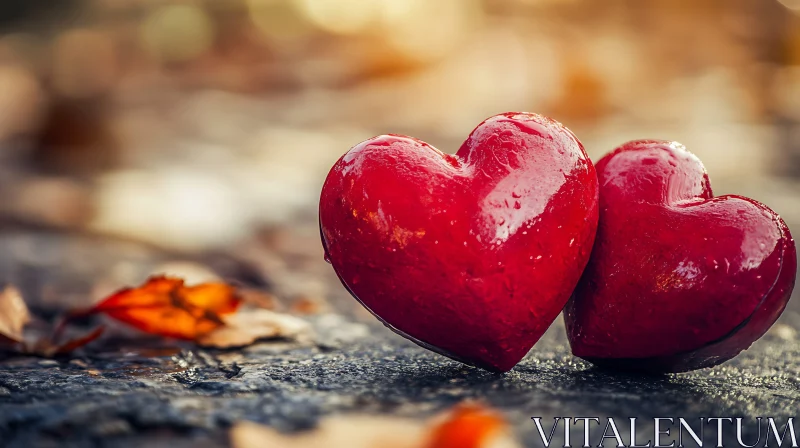 Pair of Hearts on Wet Surface AI Image